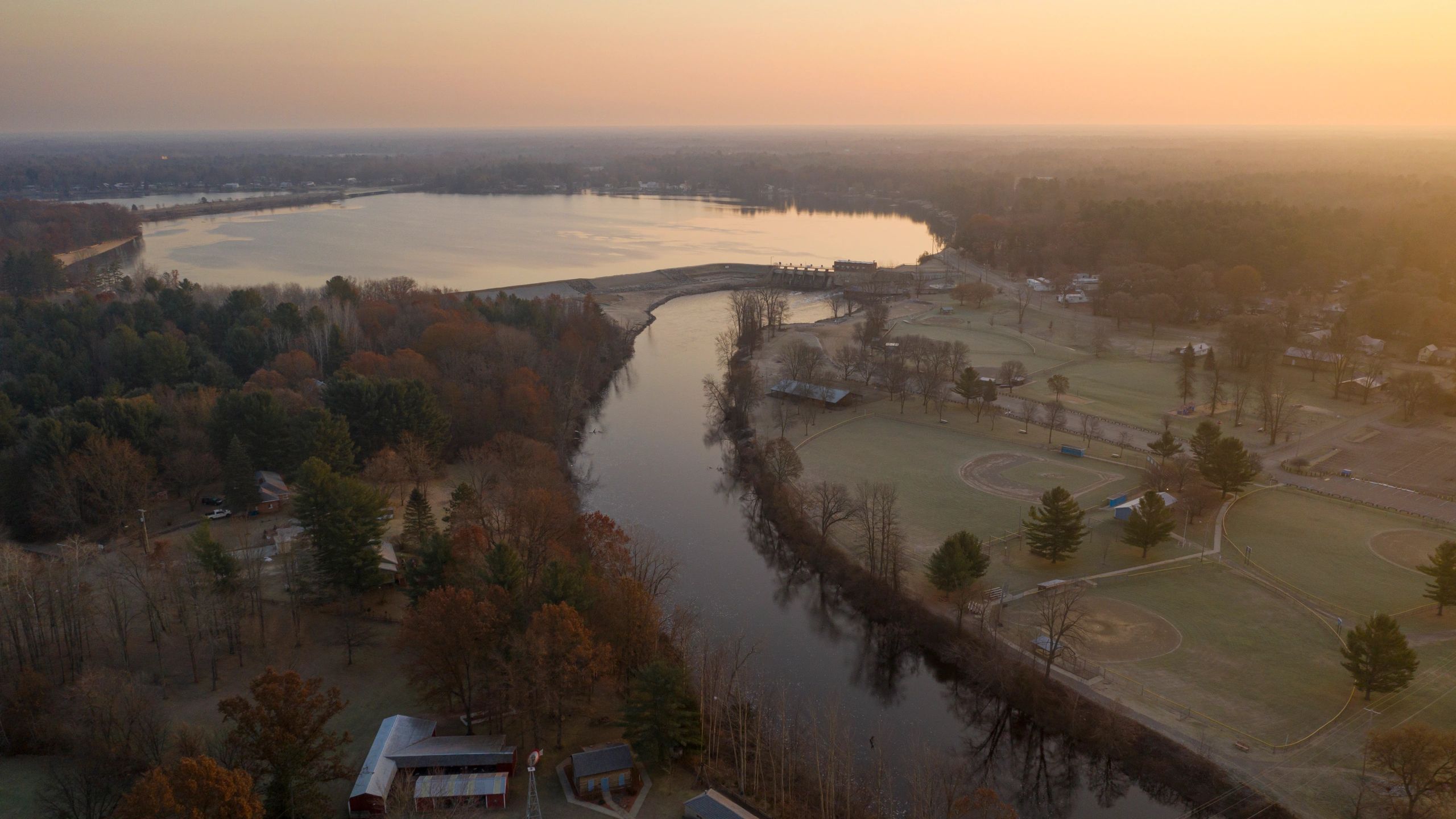 Sunrise over a Michigan lake and river landscape